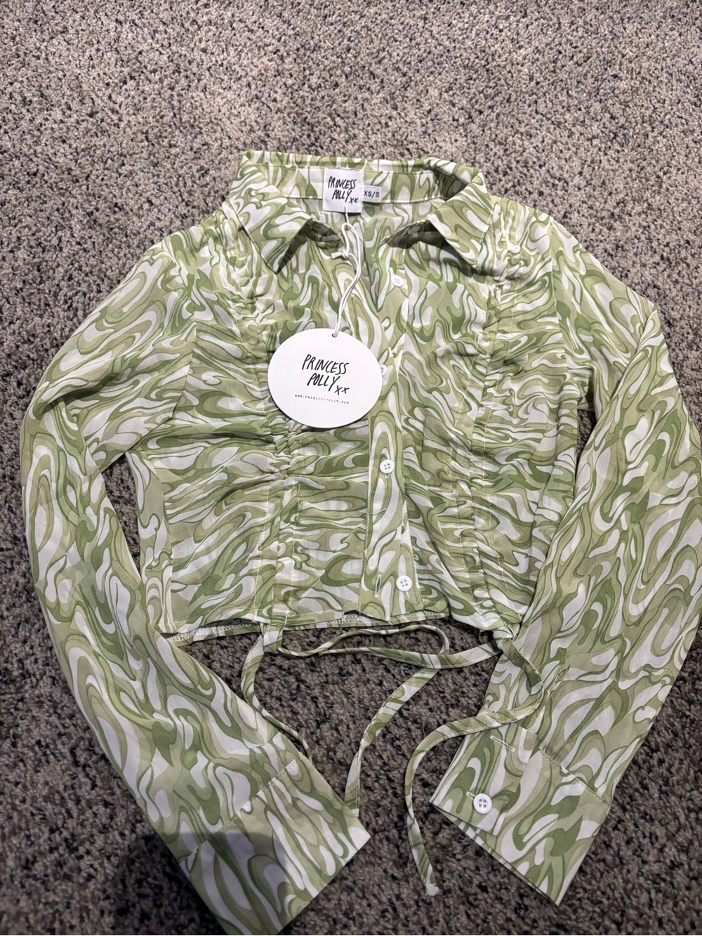 Princess Polly Olive & Cream Swirl Ruched Button-Front Crop Top